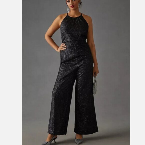 Anthropologie Maeve 14 Sequin Disco Jumpsuit Wide Leg Black 70s Cocktail Nwt